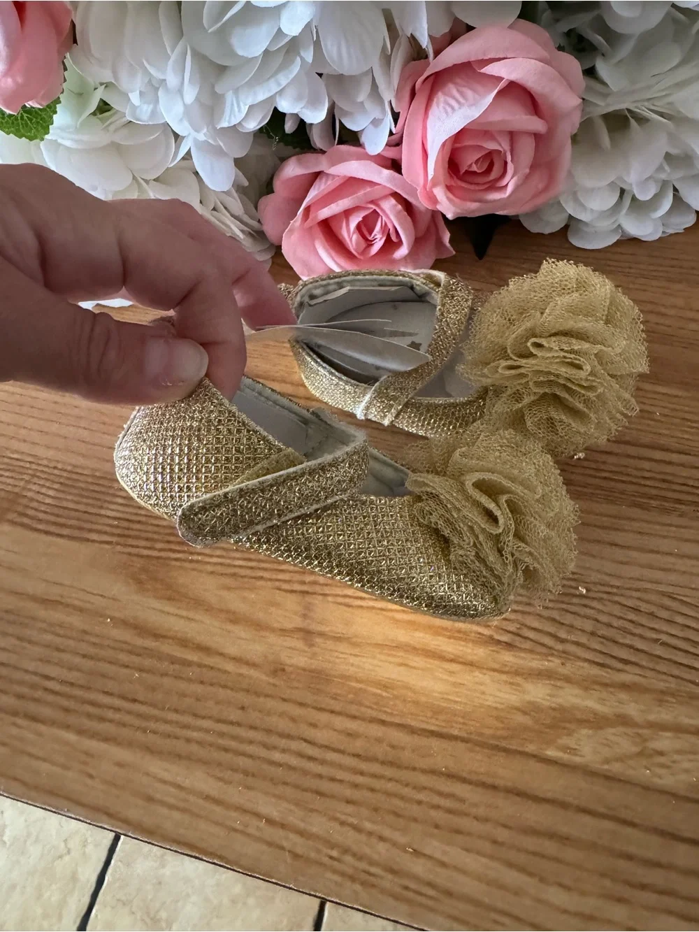 Rising Star Gold Glitter Baby Pom Pom Mary Jane Shoes